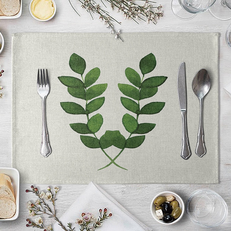 Placemat Table Mat Hand Painted Green Leaves Printed For Tables Heat-insulation Linen Kitchen Dining Pads Placemat Table Mat Hand Painted Green Leaves Printed For Tables Heat-insulation Linen Kitchen Dining Pads
