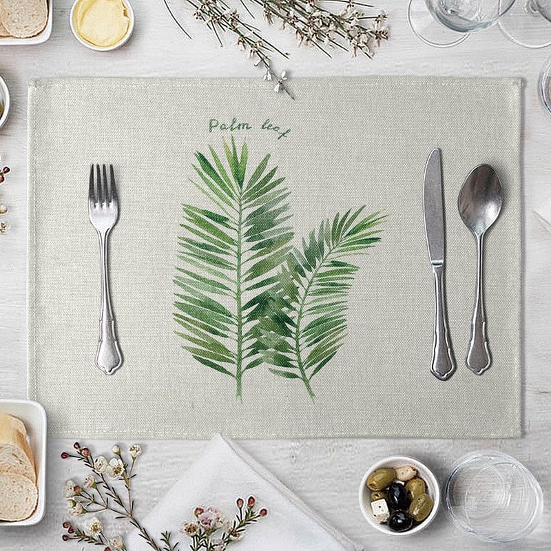 Placemat Table Mat Hand Painted Green Leaves Printed For Tables Heat-insulation Linen Kitchen Dining Pads Placemat Table Mat Hand Painted Green Leaves Printed For Tables Heat-insulation Linen Kitchen Dining Pads