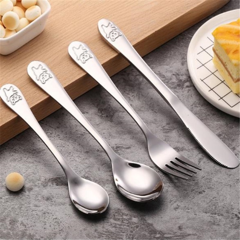 Baby Gadgets Tableware Set Children Utensil Stainless Steel Toddler Dinnerware Cutlery Cartoon Infant Food Feeding Spoon Fork