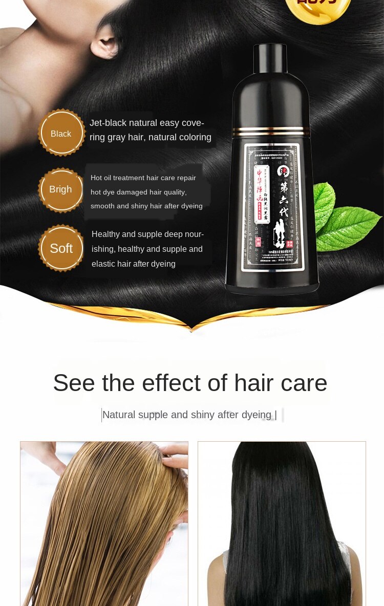 1 bottle 500ml 5 Minutes Fast Natural Hair Dye Shampoo Organic Permanent Gray White Hair To Black Hair Dye Shampoo for Women Man