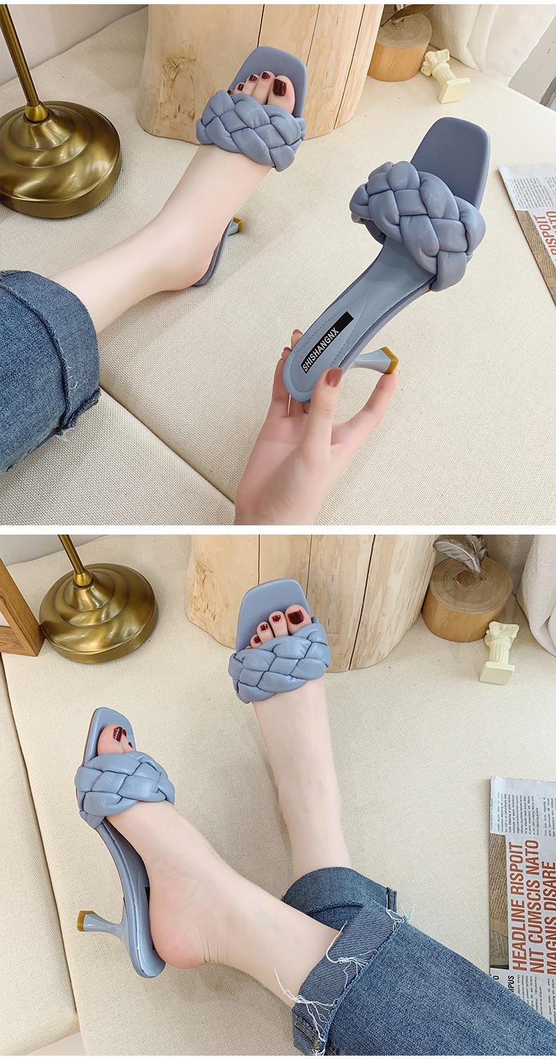 Weave Women Slipper Ladies Thin High Heel Sandal Open Toe Slip On Summer Outdoor Slides Flip Flop Shoe