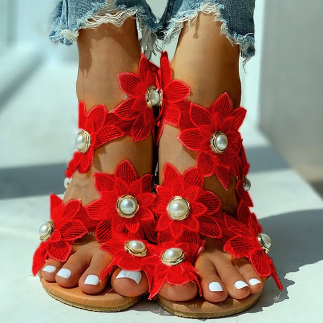 Women Leisure Sandals Bohemia Style Summer Shoes Beach Vacation Comfortable Flat Sandals Flower Sandals Open Toe Pearl Fashion