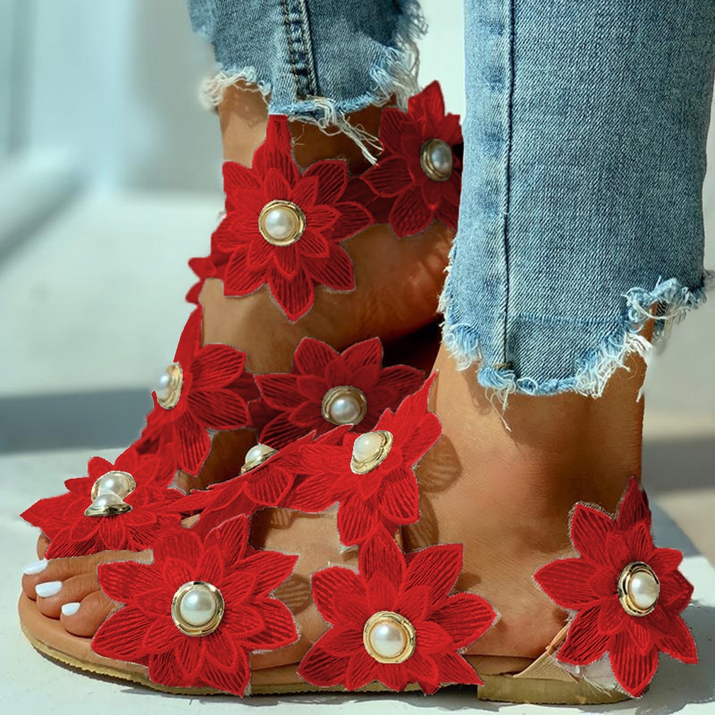 Women Leisure Sandals Bohemia Style Summer Shoes Beach Vacation Comfortable Flat Sandals Flower Sandals Open Toe Pearl Fashion