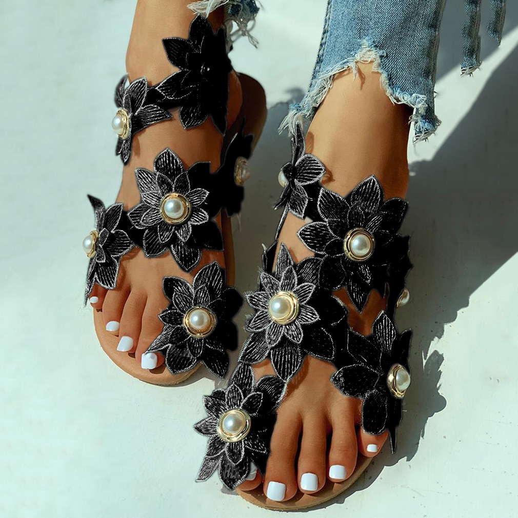 Women Leisure Sandals Bohemia Style Summer Shoes Beach Vacation Comfortable Flat Sandals Flower Sandals Open Toe Pearl Fashion