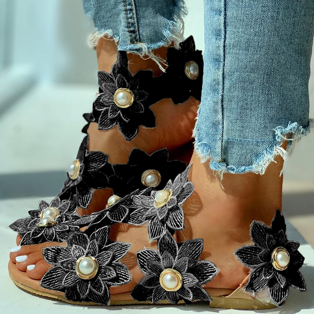 Women Leisure Sandals Bohemia Style Summer Shoes Beach Vacation Comfortable Flat Sandals Flower Sandals Open Toe Pearl Fashion