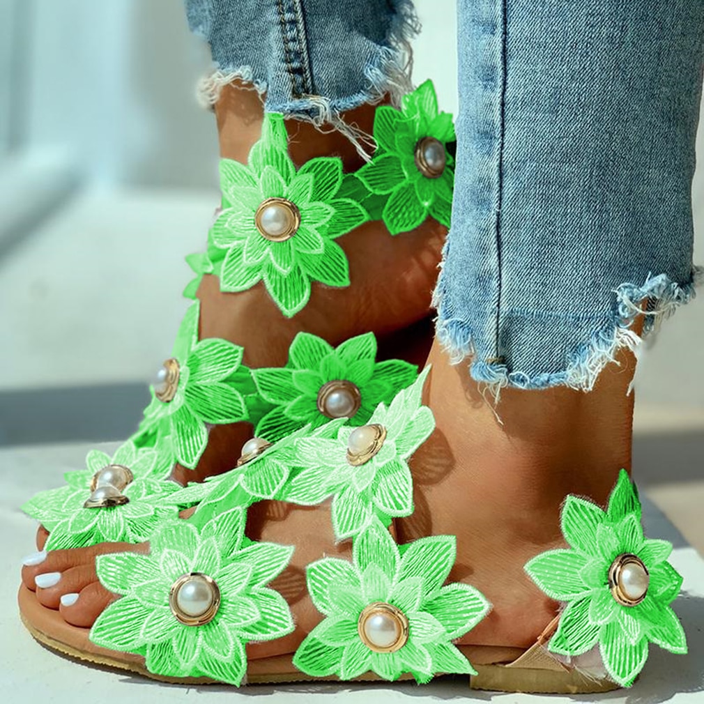 Women Leisure Sandals Bohemia Style Summer Shoes Beach Vacation Comfortable Flat Sandals Flower Sandals Open Toe Pearl Fashion