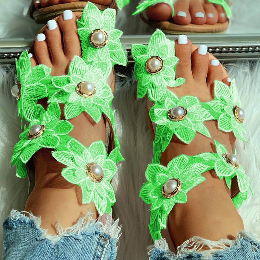 Women Leisure Sandals Bohemia Style Summer Shoes Beach Vacation Comfortable Flat Sandals Flower Sandals Open Toe Pearl Fashion