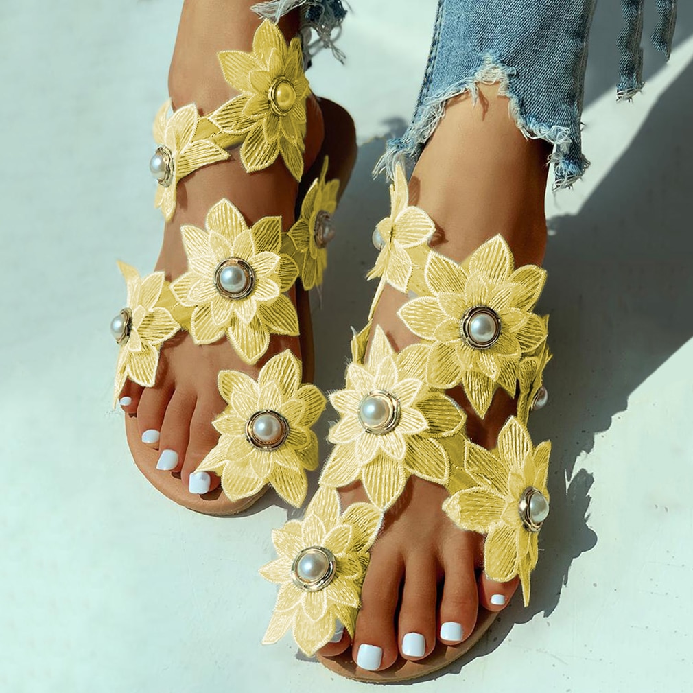 Women Leisure Sandals Bohemia Style Summer Shoes Beach Vacation Comfortable Flat Sandals Flower Sandals Open Toe Pearl Fashion