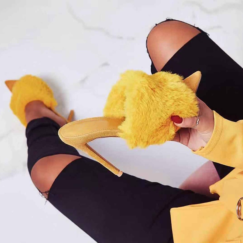 Sandals Candy Color Luxury Rabbit Fur High Heel Sandals Slippers femme Evening Party Women Shoes 35-43