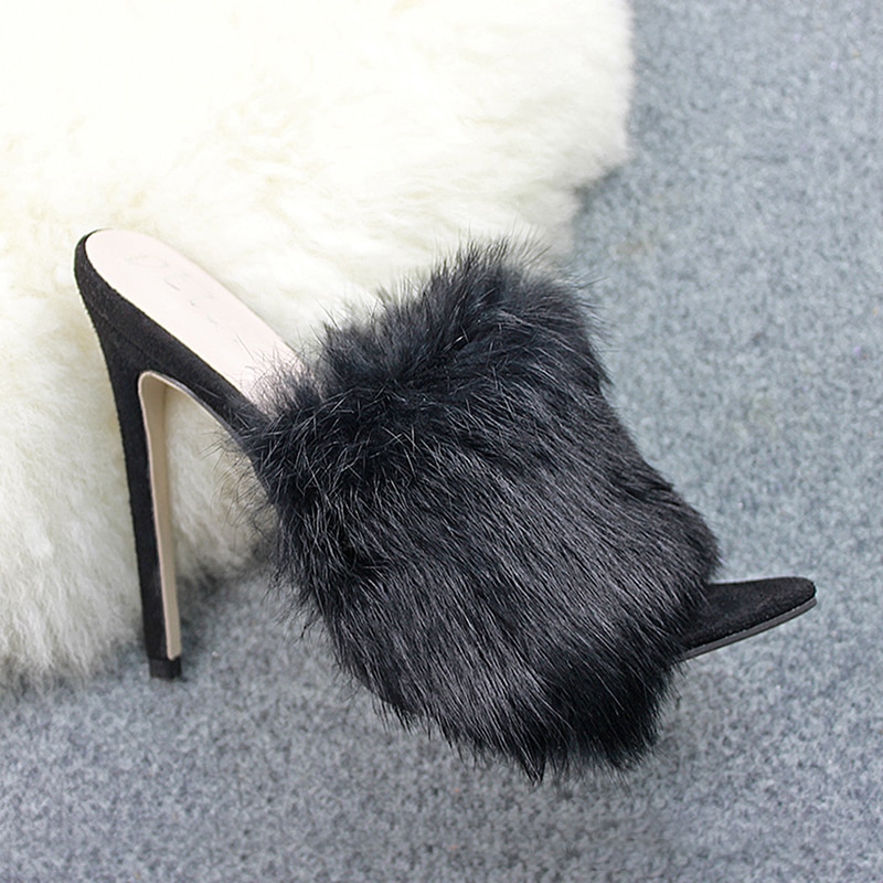 Sandals Candy Color Luxury Rabbit Fur High Heel Sandals Slippers femme Evening Party Women Shoes 35-43