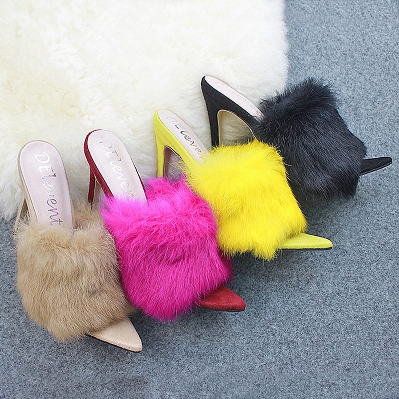 Sandals Candy Color Luxury Rabbit Fur High Heel Sandals Slippers femme Evening Party Women Shoes 35-43