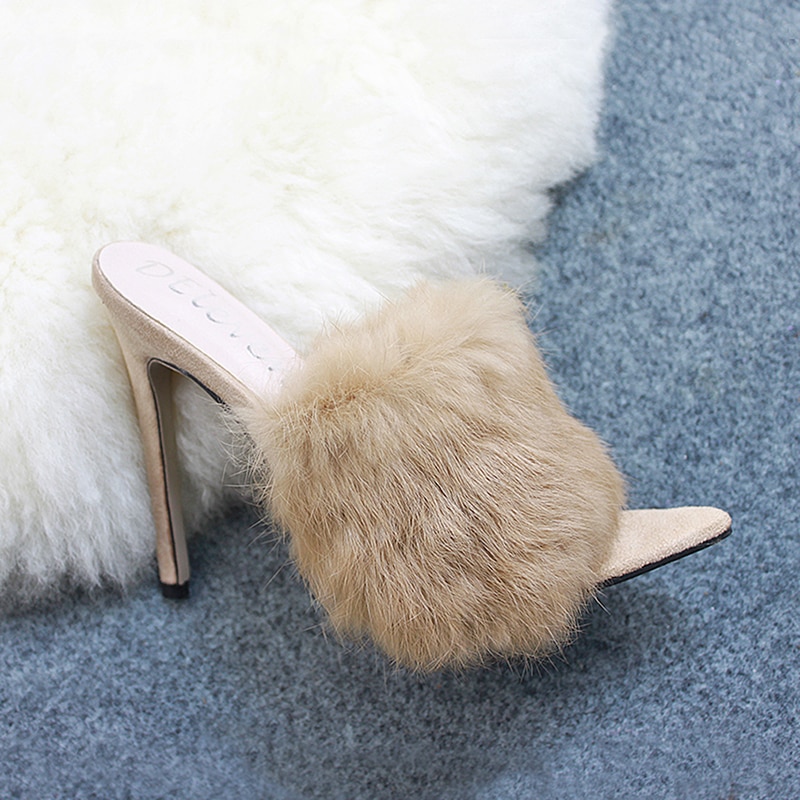 Sandals Candy Color Luxury Rabbit Fur High Heel Sandals Slippers femme Evening Party Women Shoes 35-43