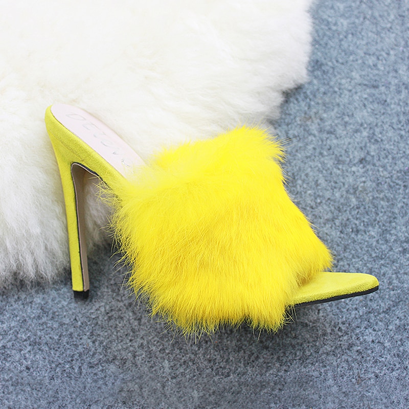 Sandals Candy Color Luxury Rabbit Fur High Heel Sandals Slippers femme Evening Party Women Shoes 35-43