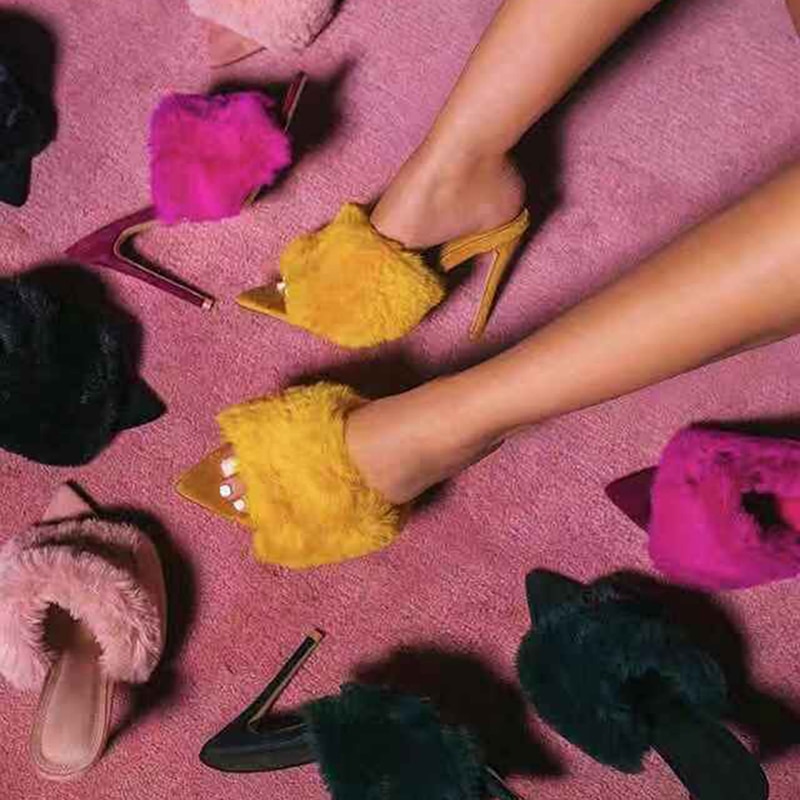 Sandals Candy Color Luxury Rabbit Fur High Heel Sandals Slippers femme Evening Party Women Shoes 35-43