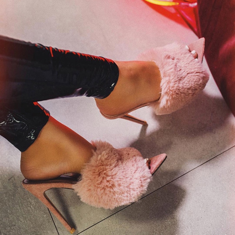 Sandals Candy Color Luxury Rabbit Fur High Heel Sandals Slippers femme Evening Party Women Shoes 35-43