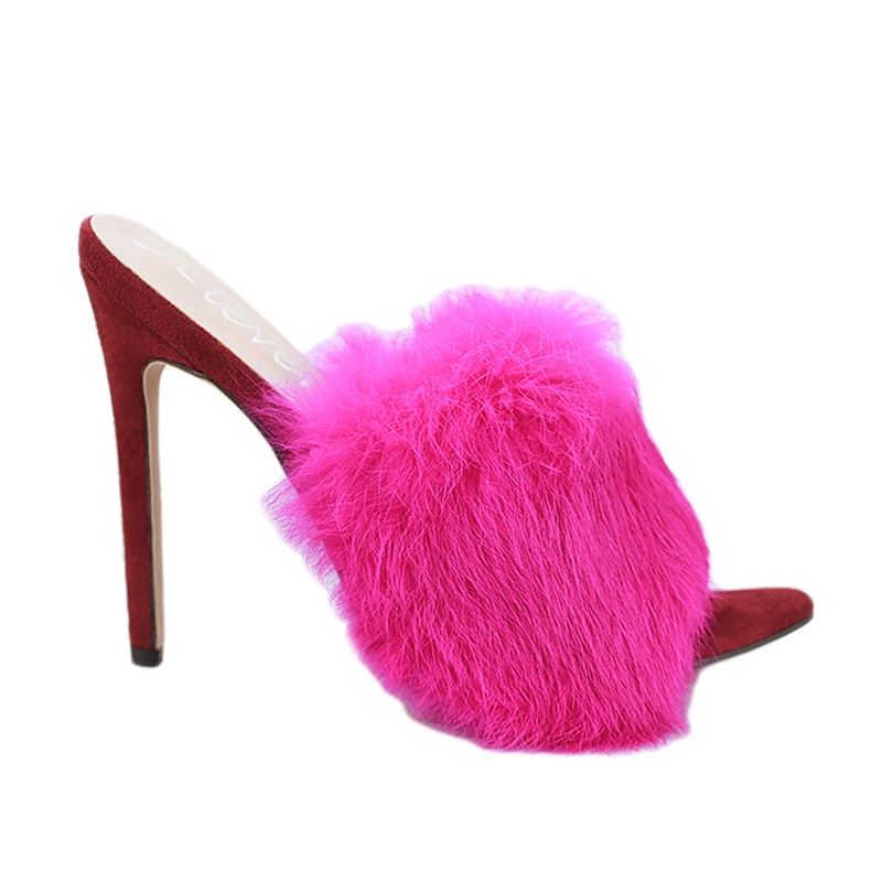 Sandals Candy Color Luxury Rabbit Fur High Heel Sandals Slippers femme Evening Party Women Shoes 35-43