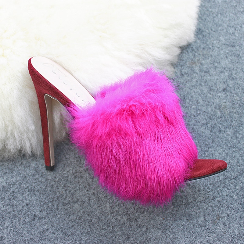 Sandals Candy Color Luxury Rabbit Fur High Heel Sandals Slippers femme Evening Party Women Shoes 35-43