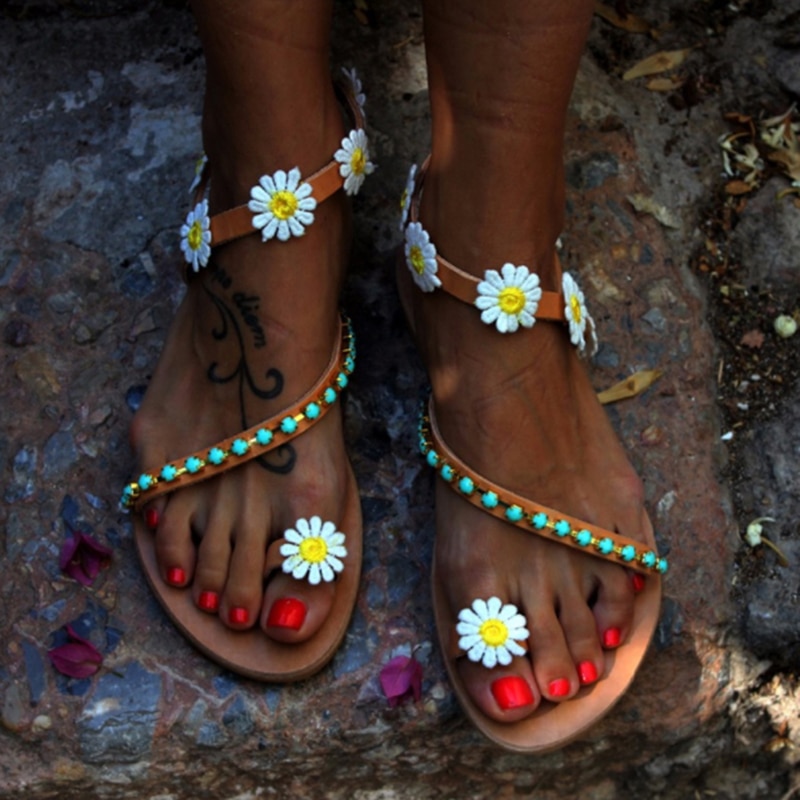 Shoes Woman Gladiator Sandals Women Shoes Flat Fashion Weet Flowers Boho Beach Sandals Ladies Plus Size 44