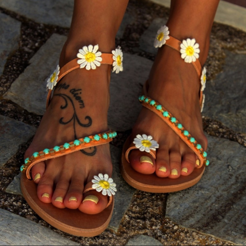 Shoes Woman Gladiator Sandals Women Shoes Flat Fashion Weet Flowers Boho Beach Sandals Ladies Plus Size 44