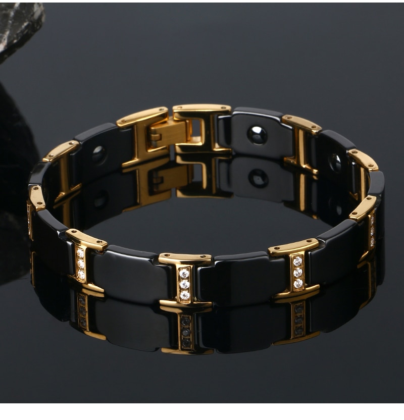 Gold Bracelet Health Black Ceramic Bio Magnetic Germanium Bracelets Men Hand Chain Link Crystal Stainless Jewelry