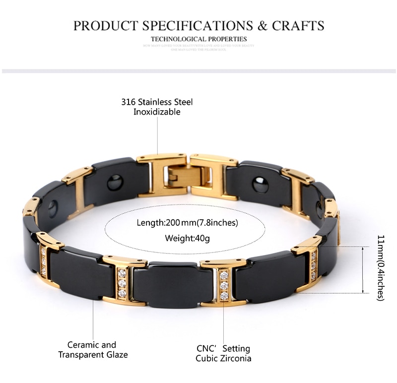 Gold Bracelet Health Black Ceramic Bio Magnetic Germanium Bracelets Men Hand Chain Link Crystal Stainless Jewelry