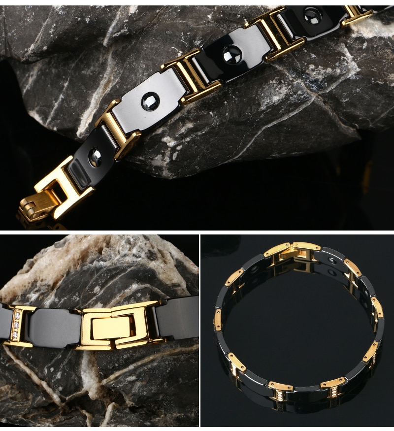 Gold Bracelet Health Black Ceramic Bio Magnetic Germanium Bracelets Men Hand Chain Link Crystal Stainless Jewelry