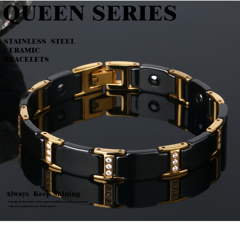 Gold Bracelet Health Black Ceramic Bio Magnetic Germanium Bracelets Men Hand Chain Link Crystal Stainless Jewelry