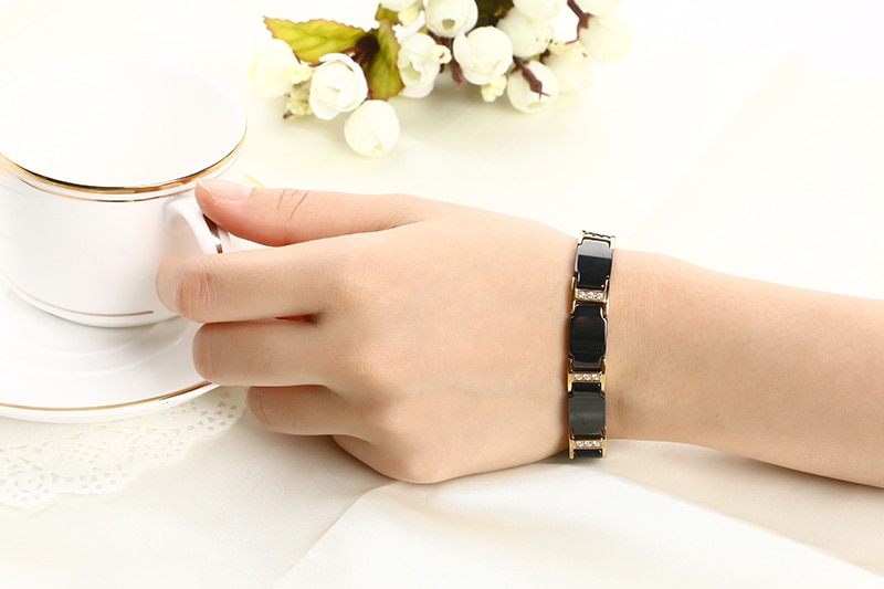 Gold Bracelet Health Black Ceramic Bio Magnetic Germanium Bracelets Men Hand Chain Link Crystal Stainless Jewelry