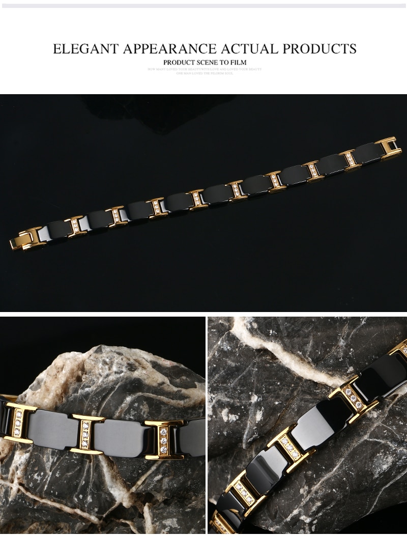 Gold Bracelet Health Black Ceramic Bio Magnetic Germanium Bracelets Men Hand Chain Link Crystal Stainless Jewelry