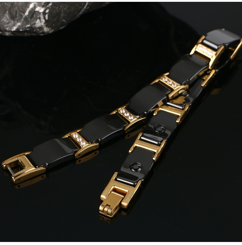 Gold Bracelet Health Black Ceramic Bio Magnetic Germanium Bracelets Men Hand Chain Link Crystal Stainless Jewelry