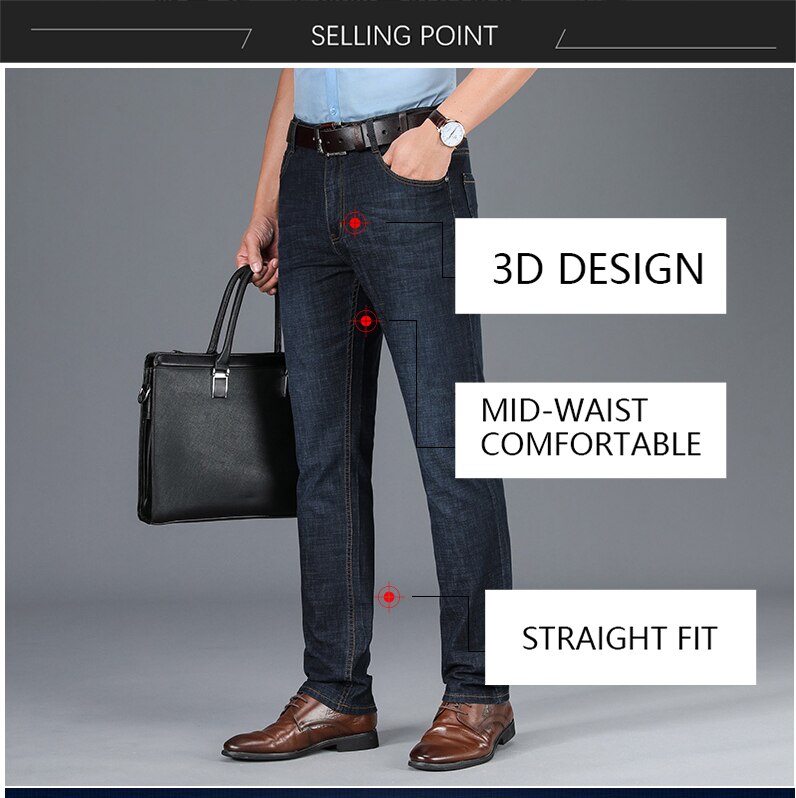 Summer Blue Men Jeans Trousers Regular Straight Full Length Stretch Jeans Oversized Casual Men's Clothes