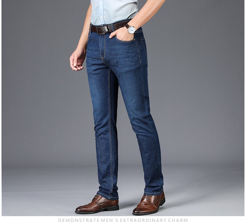 Summer Blue Men Jeans Trousers Regular Straight Full Length Stretch Jeans Oversized Casual Men's Clothes