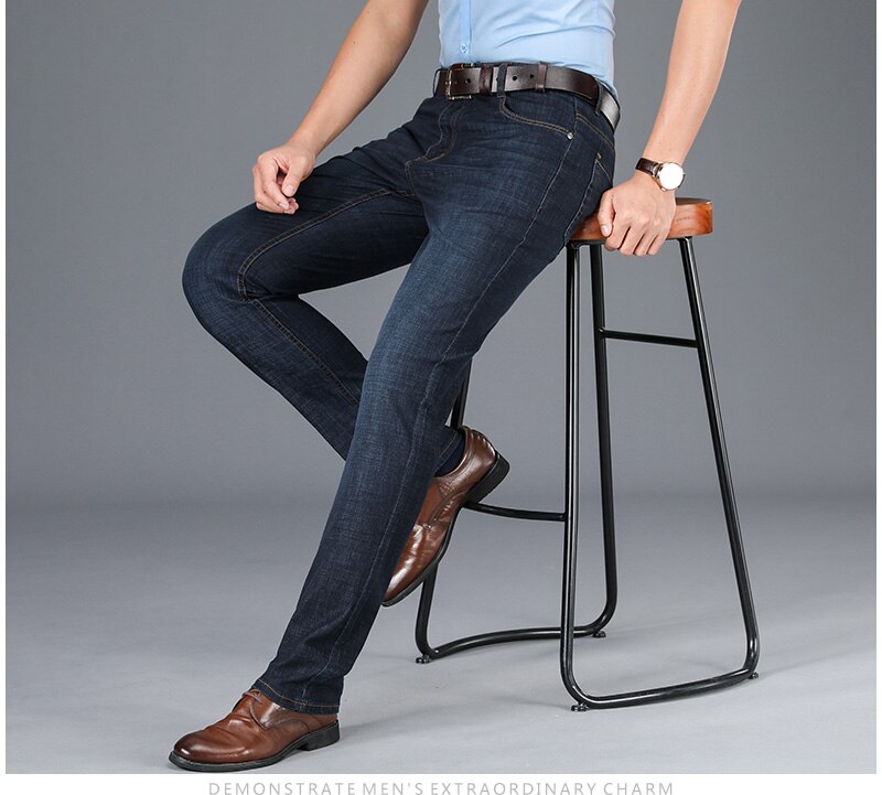Summer Blue Men Jeans Trousers Regular Straight Full Length Stretch Jeans Oversized Casual Men's Clothes