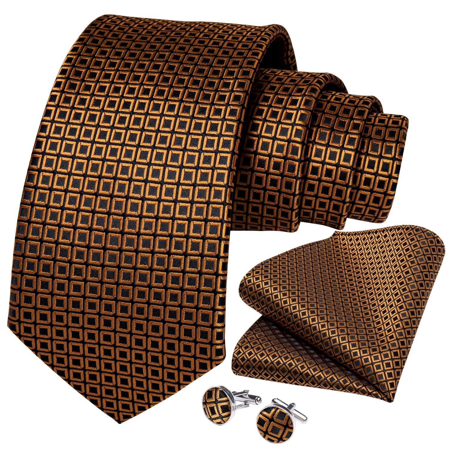 Men Tie 8cm Business Black Gold Check Tie Set Handkerchief Tie Ring Formal Wedding Necktie Accessories Gravatas Men Gift DiBanGu