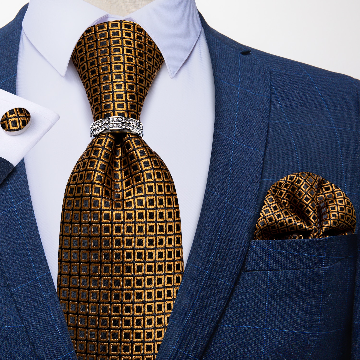 Men Tie 8cm Business Black Gold Check Tie Set Handkerchief Tie Ring Formal Wedding Necktie Accessories Gravatas Men Gift DiBanGu