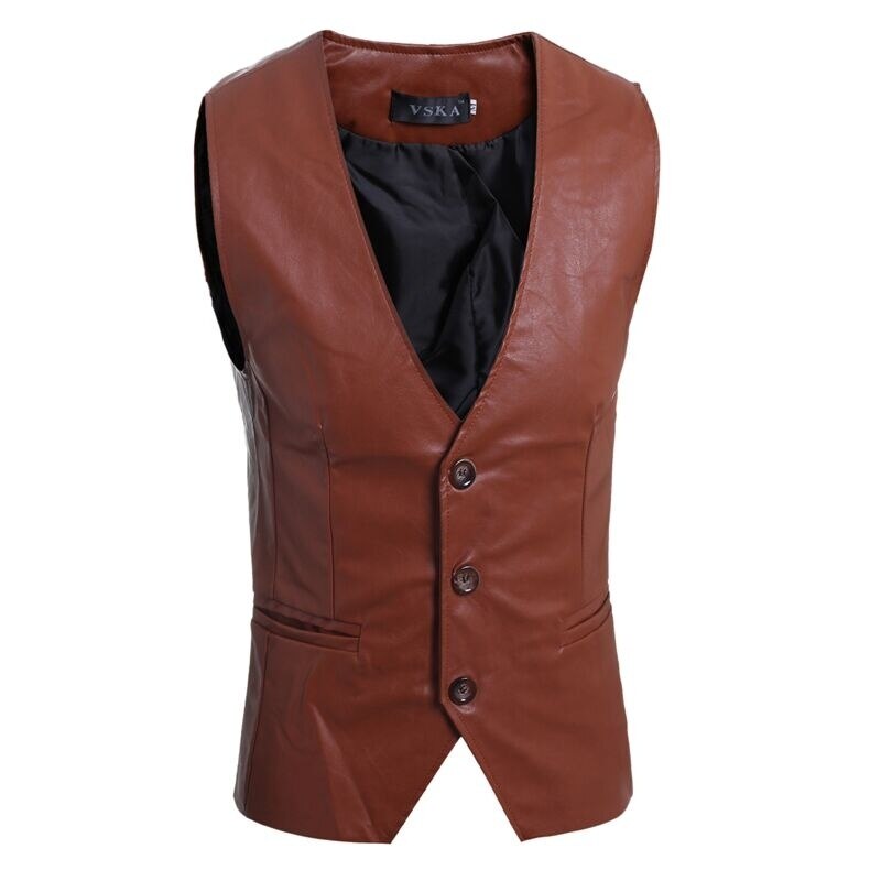 Men's Slim Vest Sleeveless Jacket Casual PU Leather Vests Button Open V-neck Geek Simple Joker Slim Fit Vest Men