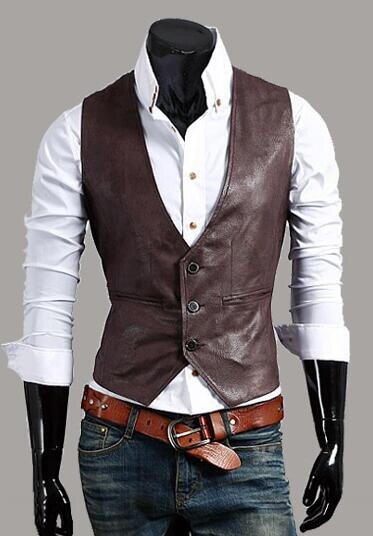Men's Slim Vest Sleeveless Jacket Casual PU Leather Vests Button Open V-neck Geek Simple Joker Slim Fit Vest Men