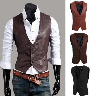 Men's Slim Vest Sleeveless Jacket Casual PU Leather Vests Button Open V-neck Geek Simple Joker Slim Fit Vest Men