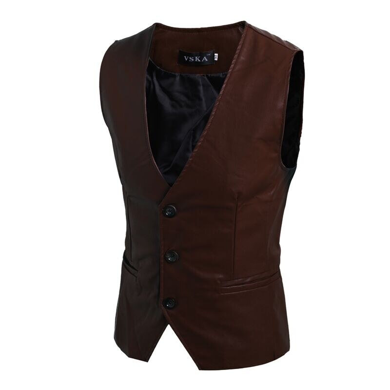 Men's Slim Vest Sleeveless Jacket Casual PU Leather Vests Button Open V-neck Geek Simple Joker Slim Fit Vest Men
