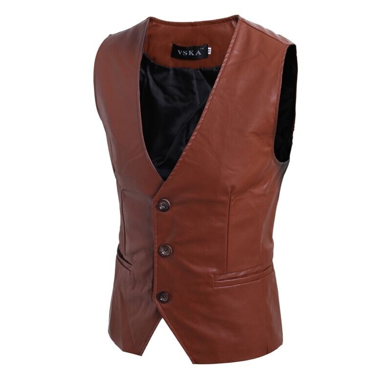 Men's Slim Vest Sleeveless Jacket Casual PU Leather Vests Button Open V-neck Geek Simple Joker Slim Fit Vest Men