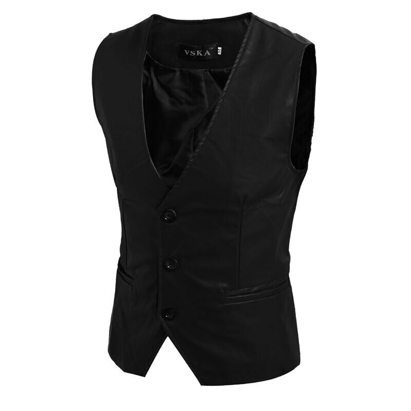 Men's Slim Vest Sleeveless Jacket Casual PU Leather Vests Button Open V-neck Geek Simple Joker Slim Fit Vest Men