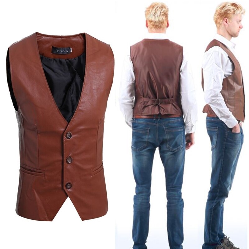 Men's Slim Vest Sleeveless Jacket Casual PU Leather Vests Button Open V-neck Geek Simple Joker Slim Fit Vest Men