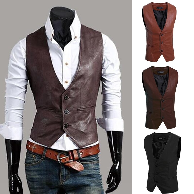 Men's Slim Vest Sleeveless Jacket Casual PU Leather Vests Button Open V-neck Geek Simple Joker Slim Fit Vest Men