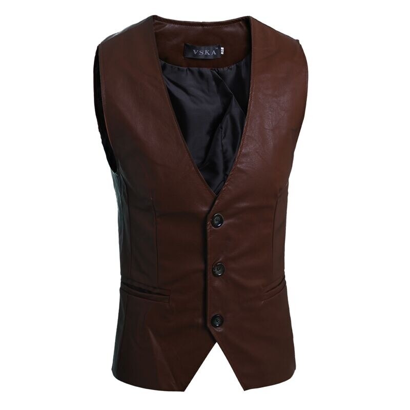 Men's Slim Vest Sleeveless Jacket Casual PU Leather Vests Button Open V-neck Geek Simple Joker Slim Fit Vest Men