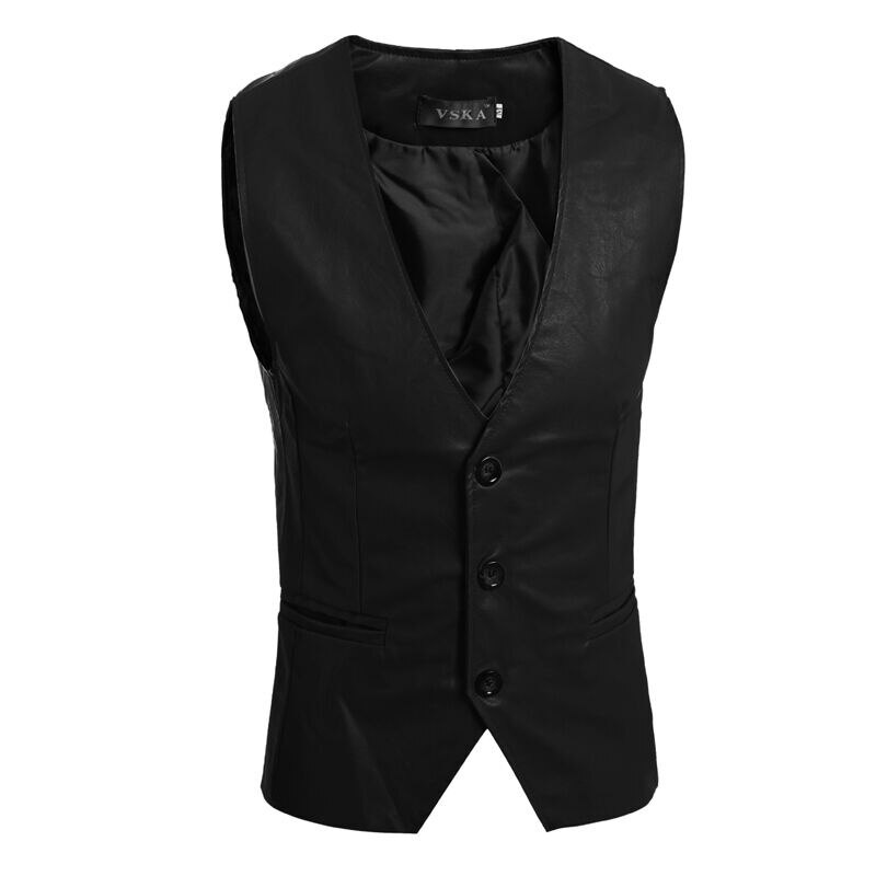 Men's Slim Vest Sleeveless Jacket Casual PU Leather Vests Button Open V-neck Geek Simple Joker Slim Fit Vest Men