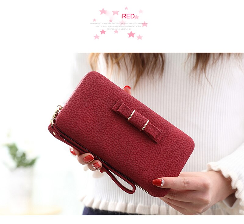 Bow Element Women Wallets With Cell Phone Pocket Card Holder Matte Leather Female Purse Wristband Ladies Wallet Clutch Handbag