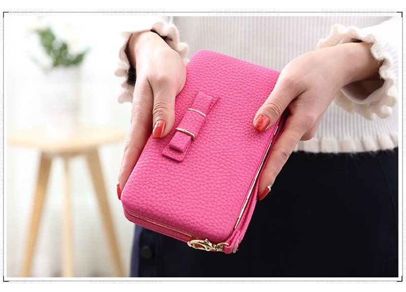 Bow Element Women Wallets With Cell Phone Pocket Card Holder Matte Leather Female Purse Wristband Ladies Wallet Clutch Handbag