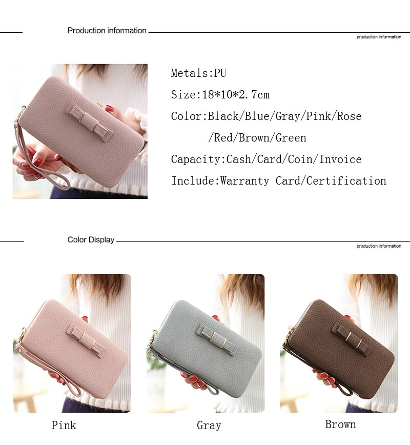 Bow Element Women Wallets With Cell Phone Pocket Card Holder Matte Leather Female Purse Wristband Ladies Wallet Clutch Handbag