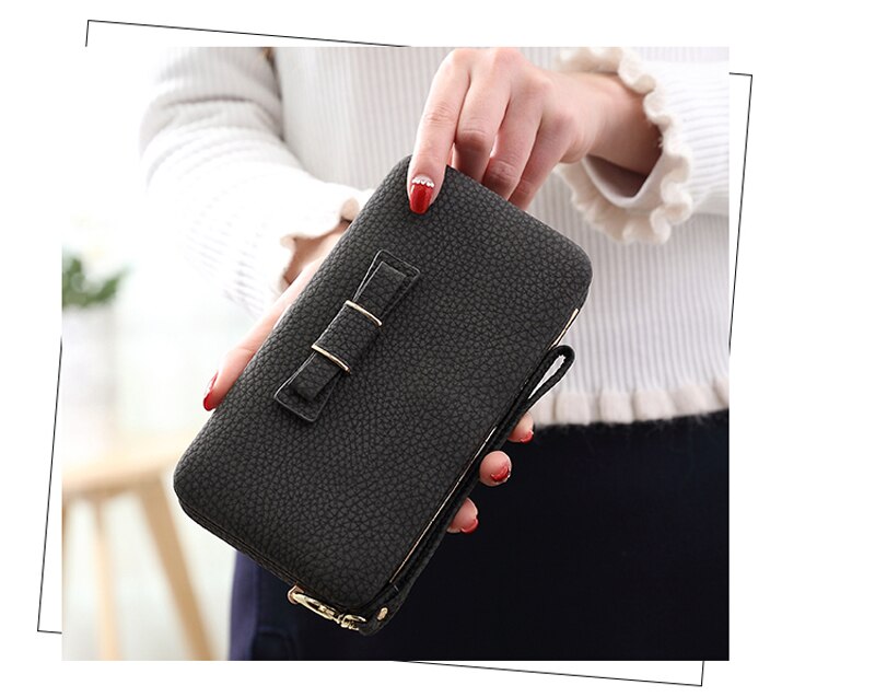 Bow Element Women Wallets With Cell Phone Pocket Card Holder Matte Leather Female Purse Wristband Ladies Wallet Clutch Handbag