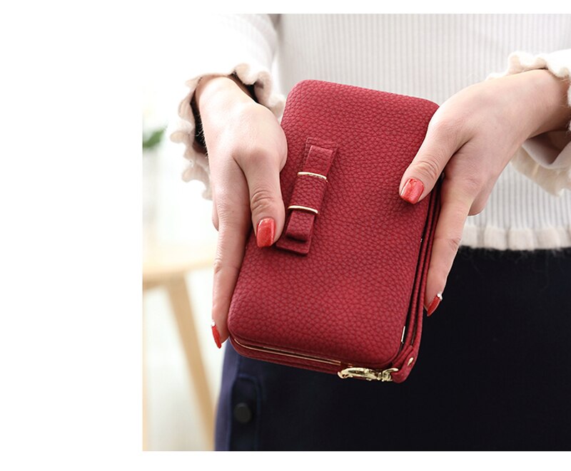 Bow Element Women Wallets With Cell Phone Pocket Card Holder Matte Leather Female Purse Wristband Ladies Wallet Clutch Handbag
